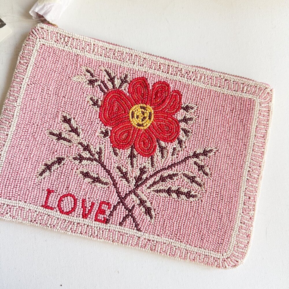 Fiona Beaded Flat Pouch Garden Party Edition Pink Floral